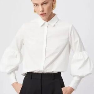NWT THE SHIRT Rochelle Beherens Molly Shirt White Puff Sleeve Button Down Small